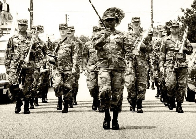 Fort Ord’s 7th Infantry Division band on parade, 1980s.