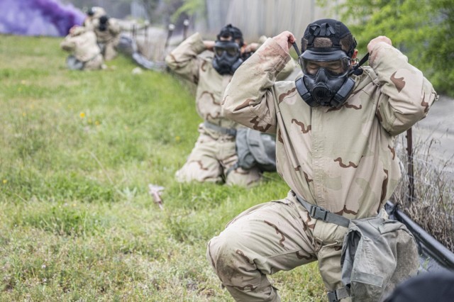 Soldiers testing the Advanced Anticonvulsant System, Rafa Midazolam Auto-Injector (Rafa AI) at Camp Bullis, Texas don Mission Oriented Protective Posture (MOPP) masks. The test was organized by U.S. Army Medical Center of Excellence Medical Test and Evaluation Activity to conduct a human factors assessment of the effectiveness of the Rafa AI and if the device meets standards set by the Joint Program Executive Office - Chemical, Biological, Radiological, Nuclear Defense.