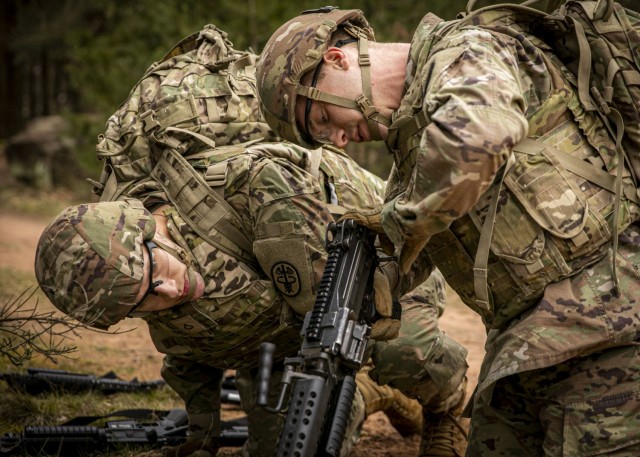 Soldiers compete in the 2023 Landstuhl Regional Medical Center Best Leader Competition, March 21. The competition tested ovewr 20 Soldiers on Army warrior tasks and marksmanship drills, life-saving skills, military competence, and physical fitness.