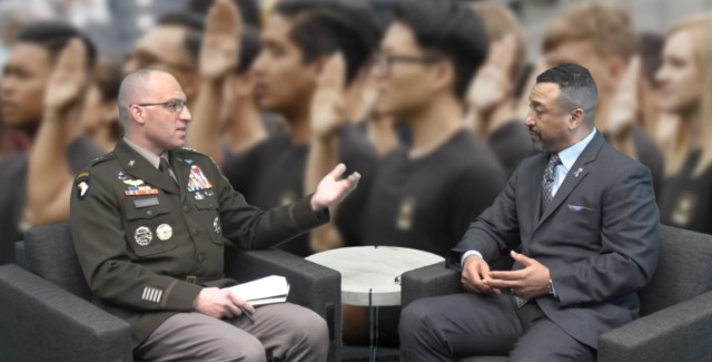 Maj. Gen. Johnny Davis, U.S. Army Recruiting Command commander, speaks with Marshall Williams, former Acting Secretary of the Army for Manpower and Reserve Affairs during an Association of the U.S. Army Noon Report briefing on May 2, 2023. 