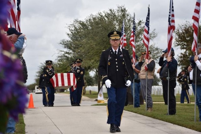 Honor guard Soldiers carry the casket of Gen. Richard E. Cavazos during a ceremony held at the Fort Sam Houston National Cemetary in San Antonio Nov. 14, 2017. (Photo by Sgt. 1st Class Garrett Ralston)