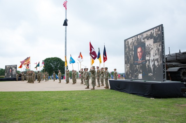 Soldiers stand in formation at the III Armored Corps and Fort Cavazos Headquarters during the ceremony May 9, 2023. (U.S. Army photo by Blair Dupre, Fort Cavazos Public Affairs)