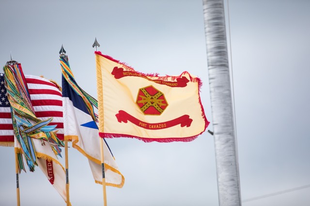 The new Fort Cavazos flag flies during the Installation Redesignation Ceremony May 9, 2023. (U.S. Army photo by Blair Dupre, Fort Cavazos Public Affairs)