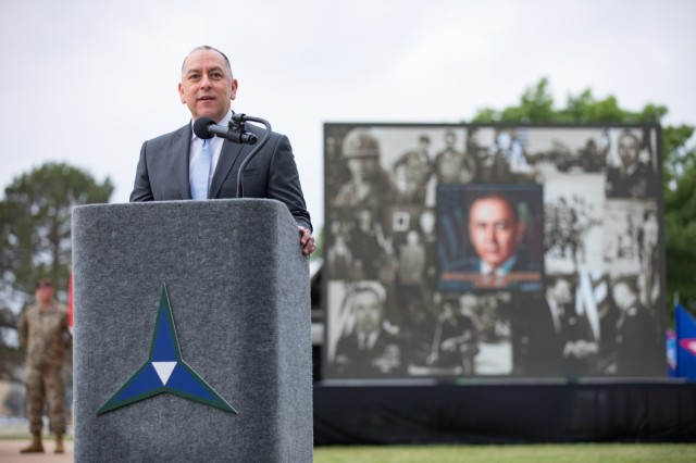 Under Secretary of the Army Gabe Camarillo speaks about General Cavazos during his remarks at the Installation Redesignation Ceremony May 9, 2023. (U.S. Army photo by Blair Dupre, Fort Cavazos Public Affairs)