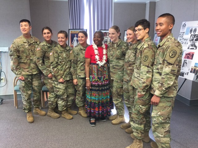 Retired Brig. Gen. Clara Leach Adams-Ender poses for a photo with Army nurses following a guest speaking engagement at an Army nurse anniversary celebration in 2018.  She was inducted into the Army Women's Hall of Fame in 2019. 