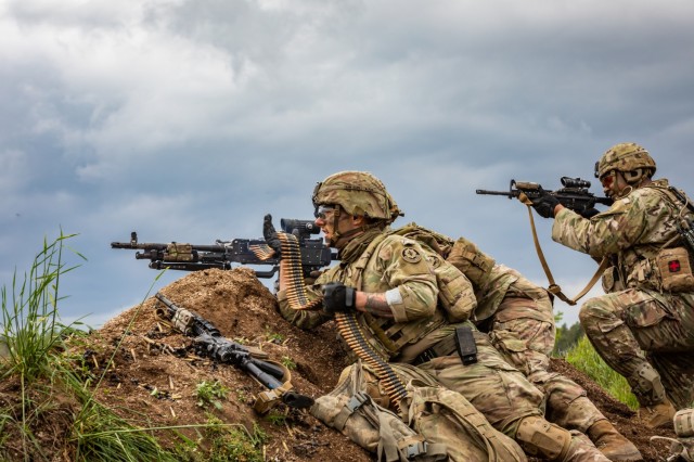 U.S. Army Soldiers assigned to Kronos Troop, 3rd Squadron, 2nd Cavalry Regiment, NATO Multinational Division Northeast, engage simulated targets during an exercise Griffin Shock 23 live-fire rehearsal training event in Bemowo Piskie, Poland, May 15, 2023. As the framework nation in Poland, Exercise Griffin Shock demonstrates the U.S. Army’s ability to assure the NATO alliance by rapidly reinforcing the NATO Battle Group Poland to a brigade size unit.
