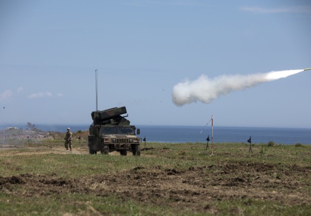 SHABLA AIR DEFENSE LIVE FIRE RANGE, Bulgaria — U.S. Army Soldiers from Charlie Battery 5th Battalion, 4th Air Defense Artillery Regiment, 10th Army Air and Missile Defense Command, fire a Stinger Missile from the AN/TWQ-1 Avenger, during a live-fire exercise in support of Saber Guardian at Shabla Air Defense Live Fire Range, Bulgaria, June 8th, 2021. 
