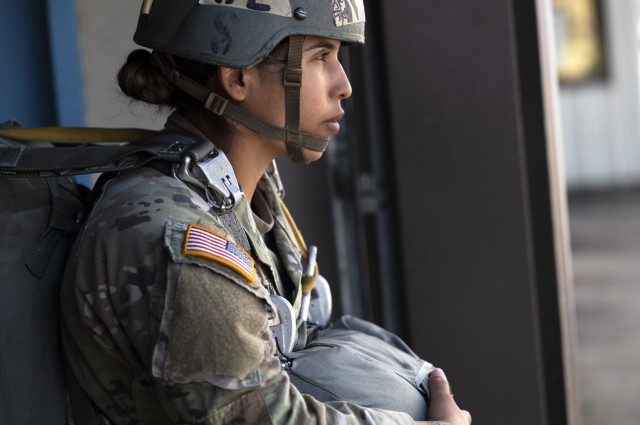 Airborne students wait to board a C-130 cargo aircraft as they prepare to make their second jump during the Basic Airborne Course at Fort Benning, Georgia, March 29. The three-week course teaches service members from every military branch how to safely conduct airborne operations. (U.S. Army photo by Staff Sgt. Dustin Biven)