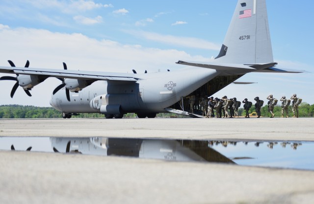 Airborne students board a C-130 cargo aircraft as they prepare to make their second jump during the Basic Airborne Course at Fort Benning, Georgia, March 29. The three-week course teaches service members from every military branch how to safely conduct airborne operations. (U.S. Army photo by Christopher Hurd)