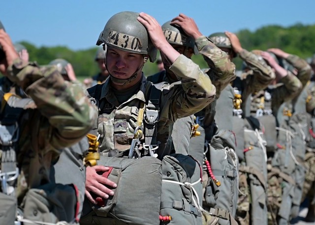 Airborne students board a C-130 cargo aircraft as they prepare to make their second jump during the Basic Airborne Course at Fort Benning, Georgia, March 29. The three-week course teaches service members from every military branch how to safely conduct airborne operations. (U.S. Army photo by Staff Sgt. Dustin Biven)