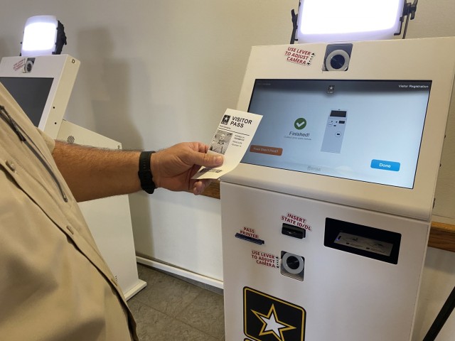 The three new self-service kiosks located in the Marvin Leath Visitors Center are meant to improve the ease of obtaining a pass. These kiosks can be operated 5 a.m. to 9 p.m. daily while the center is open. (U.S. Army photo by Samantha Harms, Fort Cavazos Public Affairs)