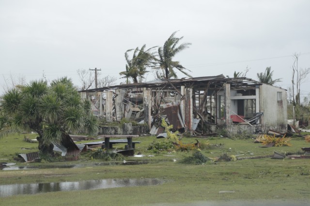 A battered home in the village of Yigo, Guam, lies in ruin after Typhoon Mawar lashed the U.S. Territory on May 25, 2023. Yigo suffered a direct hit from the southern eye wall of the Category 4 storm, which brought 140 mph sustained winds to the mostly rural village.