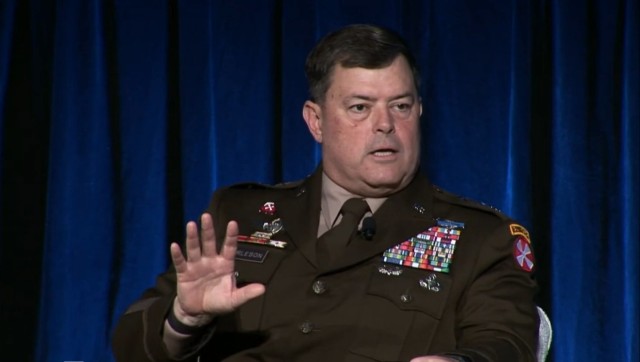 Lt. Gen. Bill Burleson, 8th Army commander, speaks about increased urbanization in warfare during the 2023 Land Forces Pacific or LANPAC conference May 17 in Honolulu.