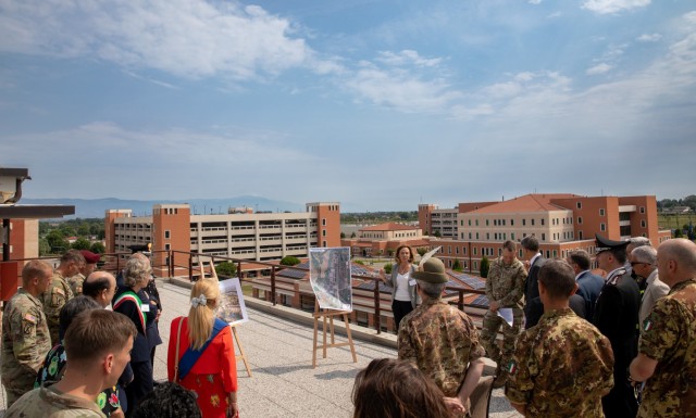 Ms. Anna Ciccotti, U.S. Army Garrison Italy Community & Media Relations officer, briefs guests on improvements made to Caserma Del Din military base since its opening during an overview of the base on Jun. 30, 2023. Members of the Vicenza military community, to include U.S. Army Southern European Task Force, Africa (SETAF-AF), U.S. Army Garrison Italy, the 173rd Airborne Brigade, as well as local Vicenza civilian, military and police leaders met at SETAF-AF headquarters to conduct observance of Caserma Del Din's 10th anniversary. (U.S. Army photo by Staff Sgt. Luke Wilson)