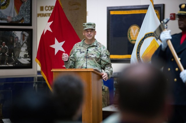 Lt. Gen. Sean C. Bernabe, III Armored Corps and Fort Cavazos commanding general, speaks to the audience gathered for the Fort Cavazos Garrison Change of Command Ceremony July 7 at III Armored Corps and Fort Cavazos Headquarters. (U.S. Army photo by Blair Dupre, Fort Cavazos Public Affairs)