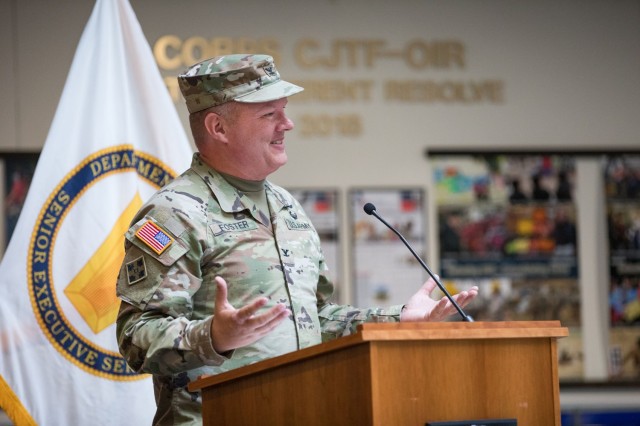 Col. Chad R. Foster, outgoing Fort Cavazos Garrison commander, speaks to the audience at the Fort Cavazos Garrison Change of Command July 7 at III Armored Corps and Fort Cavazos Headquarters. Foster will now serve as the III Armored Corps chief of staff. (U.S. Army photo by Blair Dupre, Fort Cavazos Public Affairs)