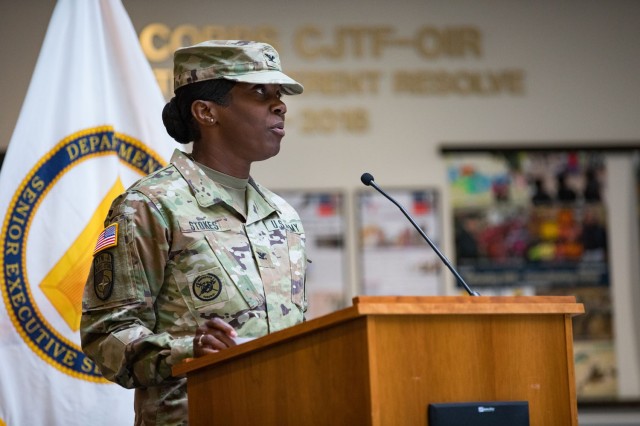 Col. Lakicia Stokes, Fort Cavazos Garrison commander, addresses the audience gathered for the Fort Cavazos Garrison Change of Command Ceremony July 7 at III Armored Corps and Fort Cavazos Headquarters. (U.S. Army photo by Blair Dupre, Fort Cavazos Public Affairs)