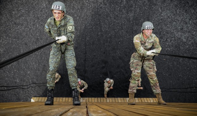 Kosovo Security Force members take on rappel tower during Air Assault Course at Camp Dodge