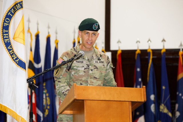Col. Marcus S. Hunter, incoming commander of U.S. Army Garrison Japan, provides remarks during a change-of-command ceremony at Camp Zama, Japan, July 7, 2023.