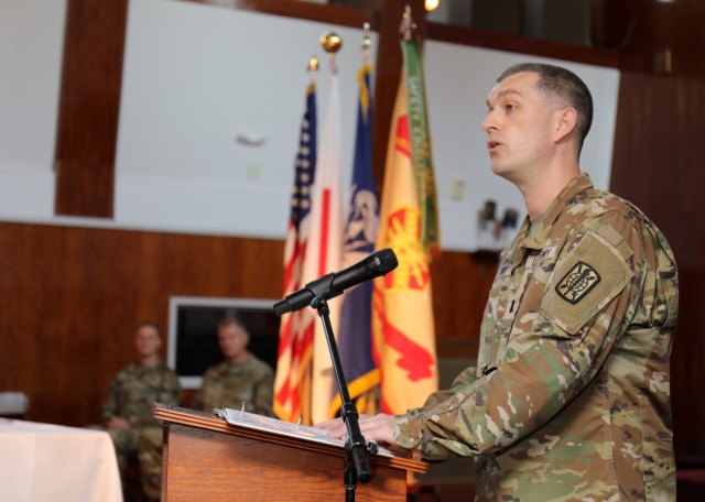 Capt. Christopher Dorsey, the 311th Military Intelligence Battalion chaplain, discusses the history of Army chaplains during a ceremony celebrating the Camp Zama Chapel's 70 years of service and the U.S. Army Chaplain Corps' 248-year anniversary at the chapel July 28, 2023. Built in 1953, the chapel was modeled after the Nasugbu Beach Chapel in Yokohama.