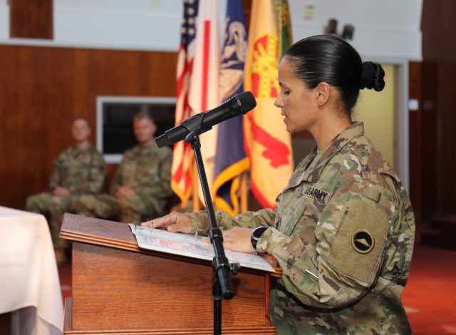 Sgt. Maj. Denises Veitia, sergeant major for the U.S. Army Japan command chaplain, recites the history of religious affairs specialists during a ceremony celebrating the Camp Zama Chapel's 70 years of service and the U.S. Army Chaplain Corps' 248-year anniversary at the chapel July 28, 2023. Built in 1953, the chapel was modeled after the Nasugbu Beach Chapel in Yokohama.