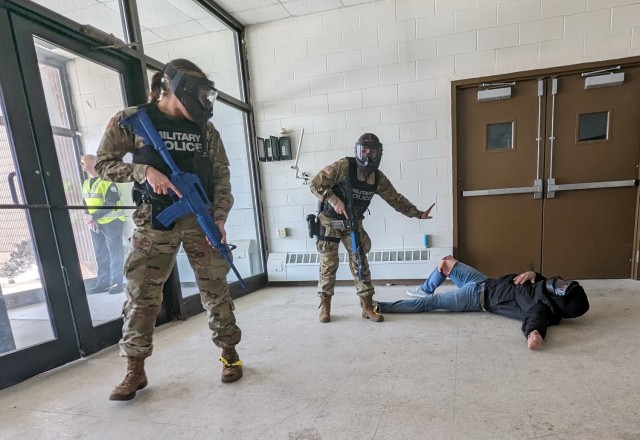 Soldiers from the 91st Military Police Battalion test their skills during an active shooter hostile event response (ASHER) scenario March 21 during Mountain Guardian Academy training at Fort Drum. Personnel from Fort Drum Fire and Emergency Services and South Jefferson Rescue Squad provided support in creating a more realistic exercise for the Soldiers.