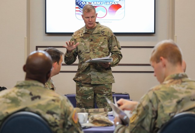 Lt. Col. Mark Olson, deputy command chaplain for U.S. Army Japan, briefs unit ministry team members during a three-day summit at Camp Zama, Japan, Aug. 15, 2023. The summit, which was the first-ever conducted by USARJ, included sessions on leadership development, lessons learned and fiscal year planning, as well as team-building activities.