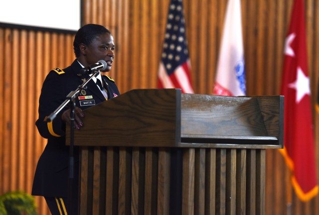 Lt. Gen. Donna Martin, Army inspector general, speaks during Capt. Luis Avila's Order of the Marechausse award ceremony at the Memorial Chapel on Joint Base Myer-Henderson Hall, Virginia, Aug. 23. The award is one of the highest honors given to a military police member by the Military Police Regimental Association, and it recognizes a degree of professionalism, high standards of integrity and morality, and esprit de corps. 