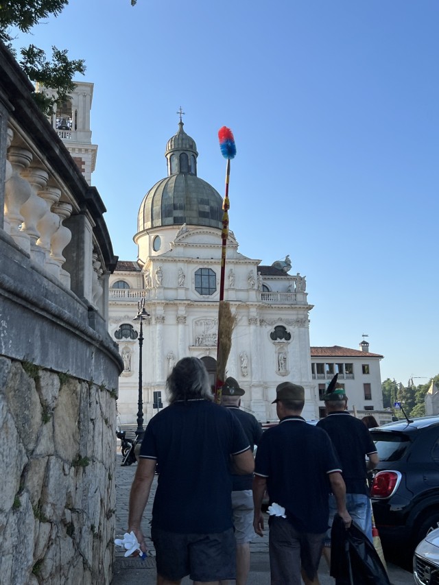 VICENZA, Italy – Volunteers of the Alpini groups of Vicenza, the Order of Malta alongside the American Soldiers and their family members get ready for the cleanup of the arcades and the area leading up to the Basilica of Monte Berico Aug. 26, 2023. The annual event is part of an ongoing partnership to prepare the site for the upcoming festivities of the patron saint “Virgin Mary of Monte Berico” and the arrival of thousands of pilgrims from all over the region on Sept. 8.
