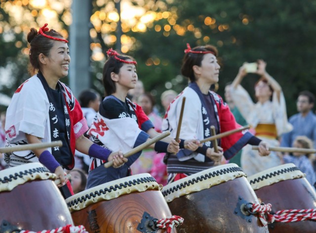 A Japanese taiko drum group performs during the Bon Odori festival at Camp Zama, Japan, Aug. 5, 2023. About 20,000 people attended this year's event, which honors the departed spirits of one’s ancestors. The traditional Japanese festival has been celebrated at Camp Zama since 1959.