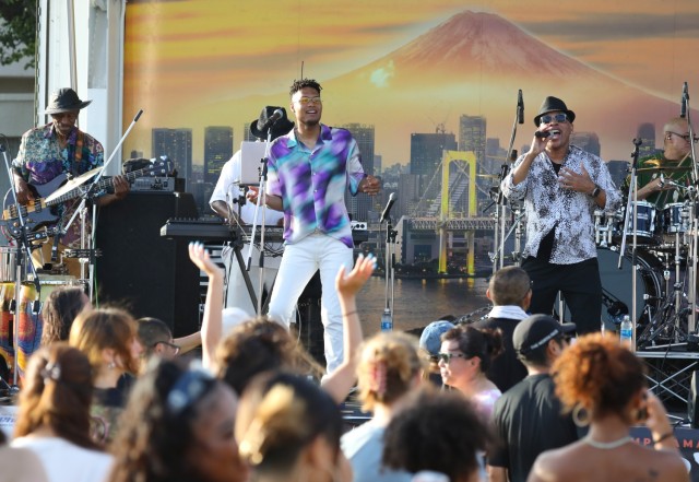 The Sonz of Soul band performs during the Bon Odori festival at Camp Zama, Japan, Aug. 5, 2023. About 20,000 people attended this year's event, which honors the departed spirits of one’s ancestors. The traditional Japanese festival has been celebrated at Camp Zama since 1959.