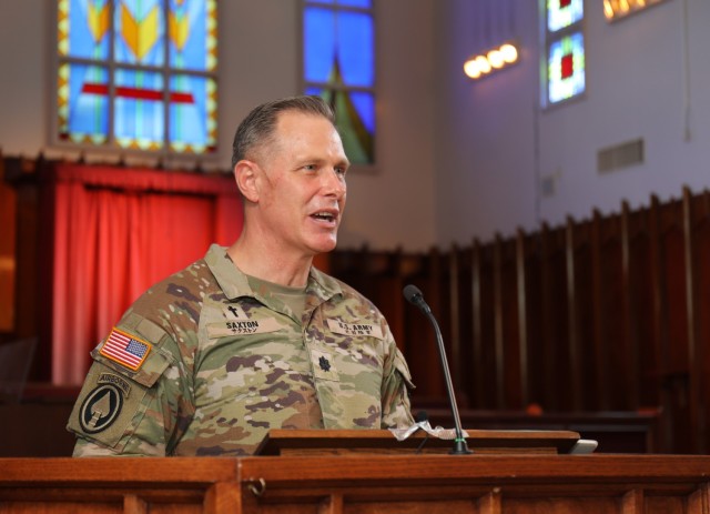 Lt. Col. Damon Saxton, chaplain for U.S. Army Garrison Japan, speaks during a ceremony celebrating the Camp Zama Chapel's 70 years of service and the U.S. Army Chaplain Corps' 248-year anniversary at the chapel July 28, 2023. Built in 1953, the chapel was modeled after the Nasugbu Beach Chapel in Yokohama.