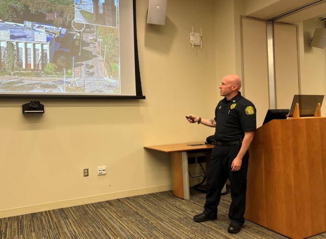 Chief Jason Lando, Chief of Frederick Maryland Police Department, presents a first-person account and a review of the Tree of Life Synagogue Shooting of Oct. 27, 2018, near Pittsburgh, Pa., to those who attended the Law enforcement Symposium hosted here Sept. 7. At that time a police captain with the Pittsburgh Police Department, Lando was one of the first responders to this incident.   