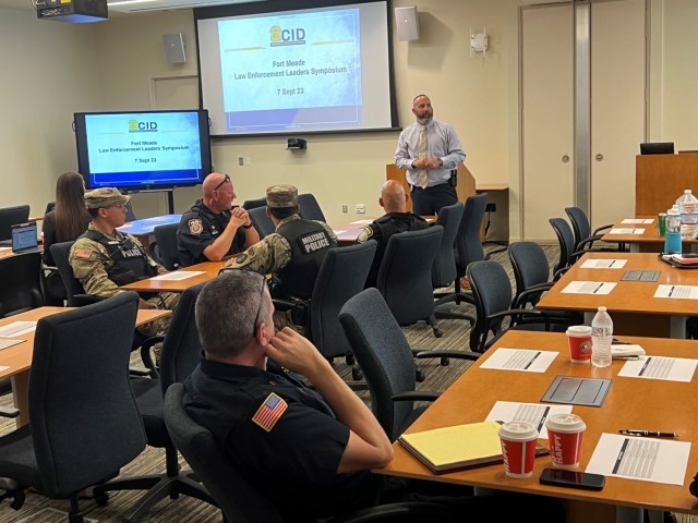 Michael J. Stankovich, Fort Meade CID’s Special Agent-in-Charge, provides an overview of the agenda for the more than 50 federal, state and local law enforcement personnel who gathered to establish and strengthen the relationship among the different agencies, and sometimes overlapping jurisdictions, at the Law Enforcement Symposium here Sept. 7 