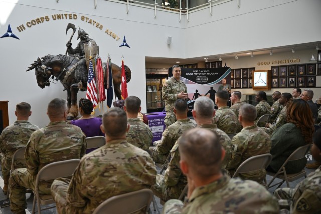 Lt. Gen. Sean C. Bernabe, III Armored Corps and Fort Cavazos commanding general, addresses the audience during the Suicide Prevention proclamation signing Friday at III Armored Corps Headquarters. (U.S. Army photo by Janecze Wright, Fort Cavazos Public Affairs)