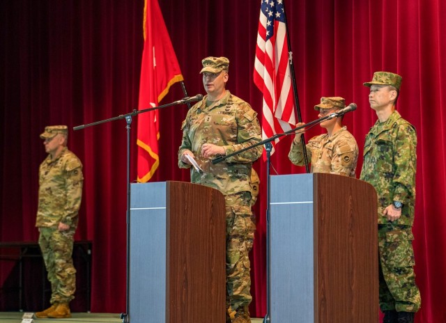 Maj. Gen. Dave Womack, center, commander of U.S. Army Japan, participates in the opening ceremony of Orient Shield 23 along with Japan Ground Self-Defense Force members at Camp Higashi-Chitose, Japan, Sept. 14, 2023. About 3,500 U.S. Soldiers and JGSDF members recently completed the 10-day exercise to forge stronger bonds and increase interoperability.