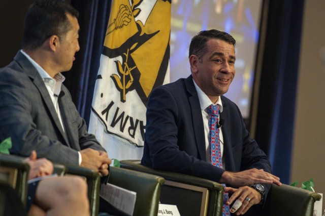 Mr. Leonel Garciga, the U.S. Army Chief Information Officer, addresses the moderator and members of the panel during the Under Secretary of the Army’s Digital Transformation Panel at the Walter E. Washington Convention Center in Washington, D.C., Sept. 10, 2023. The event was in support of the AUSA 2023 Annual Meeting and Exposition.