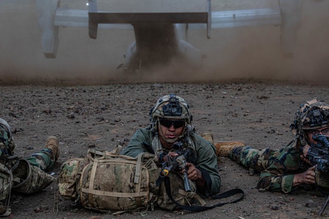 U.S. Marine Corps MV-22 Ospreys from Marine Corp Base Hawaii, air inserts 2nd Battalion, 35th Infantry Regiment, 3rd Infantry Brigade Combat Team, 25th Infantry Division opposing forces on Pohakuloa Training Grounds, Hawaii, Nov. 7, 2022. Bilateral and multilateral exercises strengthen relationships and enhance interoperability with allies and partners through shared experiences and tough, realistic training. We routinely invite and encourage allies and partners to participate in JPMRC rotations. 