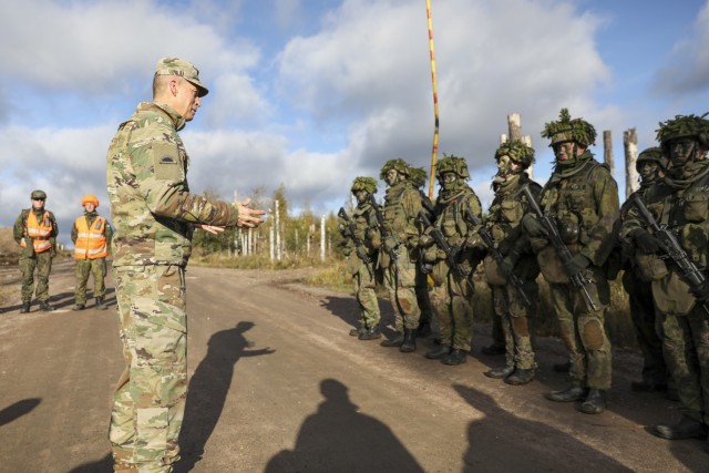 Army Gen. Daniel Hokanson, chief, National Guard Bureau, and Lt. Gen. Vesa Virtanen, chief of Defense Command, Finnish Defense Forces, meet with Brig. Gen. Jyri Raitasalo, commander of the Karelia Brigade, Vekaranjarvi, Finland, Oct. 13, 2023. Hokanson visited Finland to enhance bilateral ties between and the National Guard and Finland.