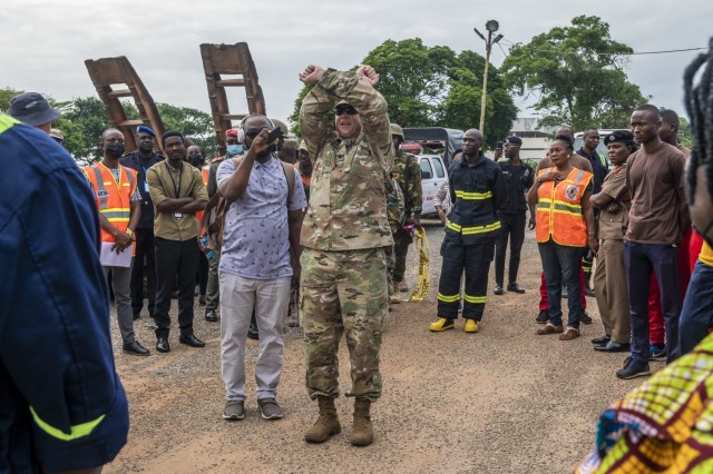 U.S. Army Lt. Col. Mark McEvers, North Dakota National Guard State Partnership Program director, gives a safety brief before the exercise begins, during Lignite Coast 2022 Preparedness Exercise "Shikpon Wosomo", Accra, Ghana, June 23, 2022. (U.S. Army photo by Sgt. Michaela C.P. Granger)