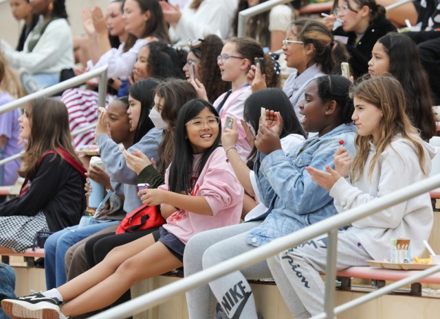 Zama Middle High School students watch a military working dog demonstration as part of Red Ribbon Week at Camp Zama, Japan, Oct. 31, 2023. The event capped off the school's weeklong campaign that encouraged students to live a drug-free lifestyle.