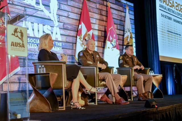 Secretary of the U.S. Army Christine E. Wormuth, Chief of Staff of the U.S. Army Gen. Randy A. George, and Sgt. Maj. of the Army Michael R. Weimer, are panelists during the AUSA Military Family Forum IV: Army Senior leader’s Town Hall at the Walter E. Washington Convention Center in Washington, D.C., Oct. 11, 2023. The event was in support of the AUSA 2023 Annual Meeting and Exposition