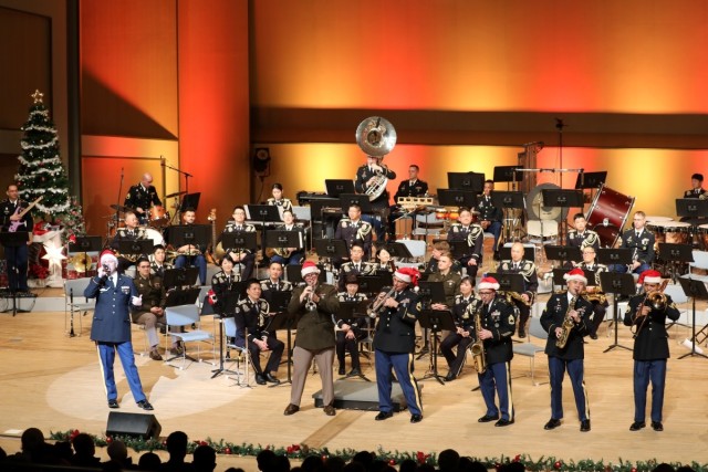 The U.S. Army Japan Band performs holiday music during their final holiday concert Dec. 15 at Zama Harmony Hall in Zama City, Japan. This year’s concert was the last for the band after 10 years, as the unit will be stood down and deactivated in 2024.