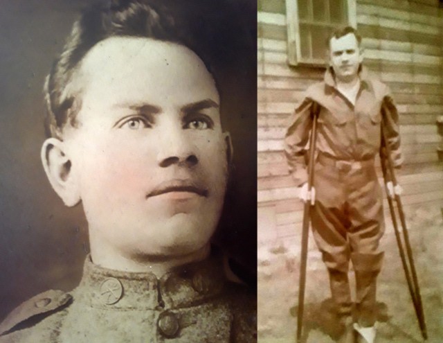 Pvt. George Arts in a studio setting, left, and recovering from his combat injuries, right. Arts enlisted in the Wisconsin Army National Guard’s 2nd Battalion, 127th Infantry Regiment, Company I, and was severely wounded Aug. 4, 1918, during the battalion’s assault on the town of Fismes. Photo courtesy Mike Muthig