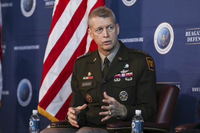 Army Gen. Daniel Hokanson, chief, National Guard Bureau, participates in a panel discussion at the 2023 Reagan National Defense Forum at the Ronald Reagan Presidential Library and Museum, Simi Valley, California, Dec. 2, 2023. Hokanson joined U.S. Sen. Kevin Cramer of North Dakota, Under Secretary of the Army Gabriel O. Camarillo, and Karl Rove to discuss how to boost military recruitment and readiness.