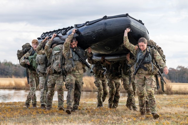 Cadets from the University of Texas at San Antonio compete in the Zodiak Challenge event during the 5th Brigade Army ROTC Ranger Challenge on November 5, 2023, at Camp Gruber, Okla. The Ranger Challenge took place November 3-5 and saw the top 10 teams from across the Apache Brigade compete in mentally and physically demanding events to determine which top two teams would go on to represent their brigade at the Sandhurst Military Skills Competition held at West Point in April 2024. | U.S. Army photo by Sarah Windmueller