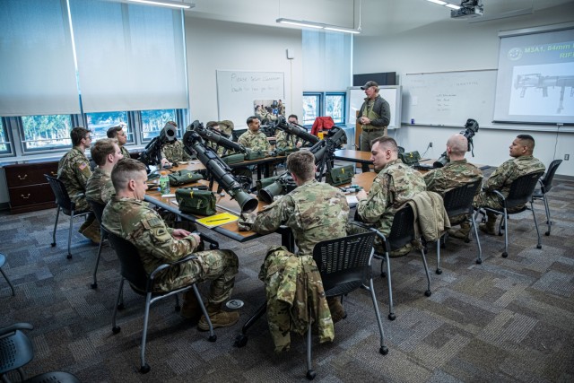 Washington National Guard Soldiers with the 81st Stryker Brigade Combat Team and 96th Troop Command conduct M3 Multi-Role Anti-Armor Anti-Personnel Weapon System (M3 MAAWS) training at the Pierce County Readiness Center on Camp Murray, Wash., Jan. 16, 2024.  The class is part of a training and fielding event to familiarize soldiers with new weapon systems being introduced to the 81st Stryker Brigade Combat Team and 96th Troop Command.