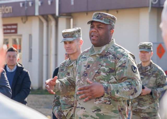 U.S. Army Installation Management Command senior enlisted leader Command Sgt. Maj. Jason Copeland thanks U.S. Army Garrison Japan teammates at Camp Zama for their dedicated service Jan. 30, 2024. Copeland accompanied Lt. Gen. Omar Jones, IMCOM commander, and Brenda Lee McCullough, director of IMCOM-Pacific, on a two-day trip to Japan to show gratitude to the workforce.