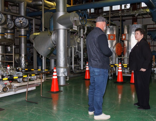 Brenda Lee McCullough, right, director of U.S. Army Installation Management Command–Pacific, visits the U.S. Army Garrison Japan's heating/cooling and co-generation plants during her first official visit to Camp Zama, Japan, Jan. 8, 2024. McCullough received several briefings while visiting garrison assets, including housing units, support facilities and other infrastructure. 