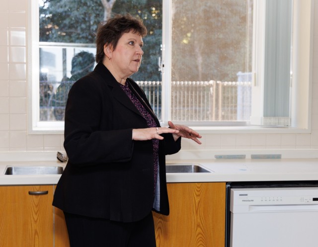 Brenda Lee McCullough, director of U.S. Army Installation Management Command–Pacific, visits a housing unit during her first official visit to Camp Zama, Japan, Jan. 8, 2024. McCullough received several briefings while visiting U.S. Army Garrison Japan assets, including housing units, support facilities and other infrastructure.